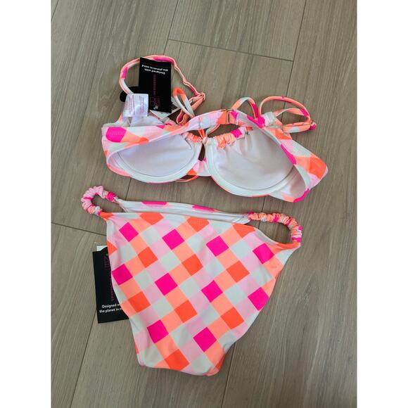 No Boundaries Pink & Orange Checkered Bikini NWT Small 3-5 - Picture 6 of 7